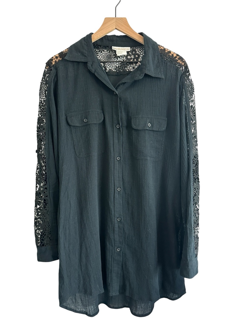 La Blanca Black Swim Coverup XL Beach Crochet Lace Coastal Cruise Tunic Shirt